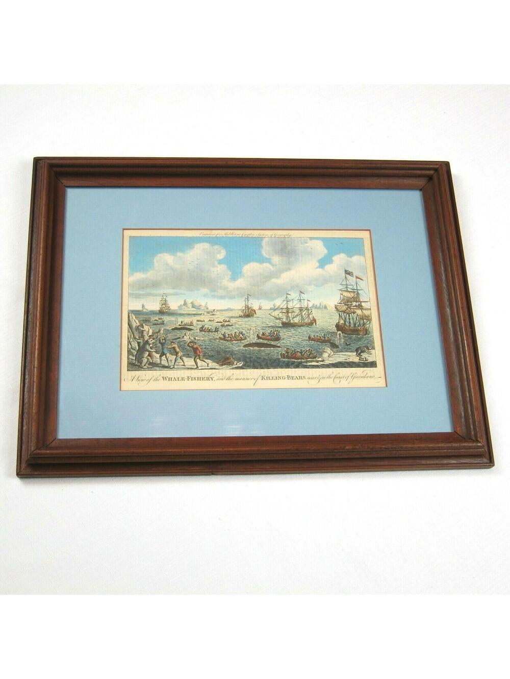 Antique Copper Plate Engraving Greenland Whale Fishery 19 x 14.5 Framed c. 1785
